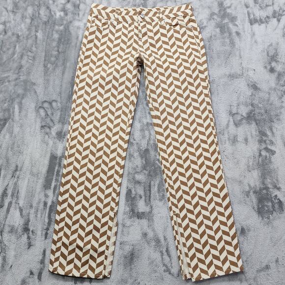 Pacsun Jeans Women 24 Brown Cream Chevron Low Rise Straight Leg Slit Hem Stretch - Picture 1 of 16